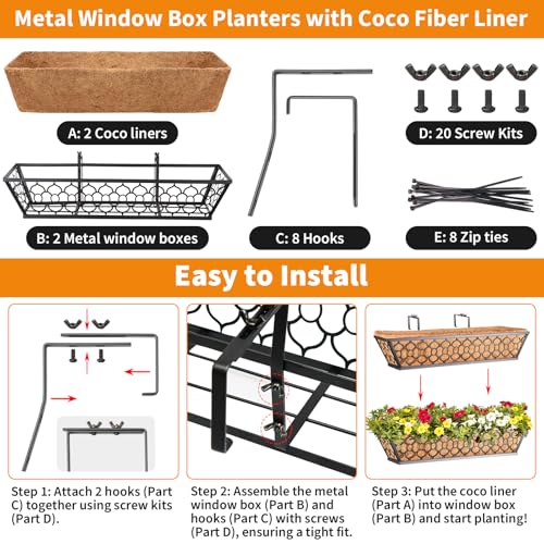 Riare 2 Pack 24 Inch Window Boxes Planters with Coco Liner, Metal Deck Railing Planter Boxes, Balcony Planters Railing Hanging, Horse Trough Window Flower Planter Boxes for Outdoor Porch Fence Patio - size: 24Inch