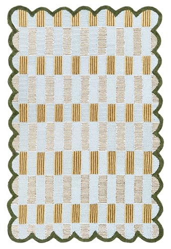 Hand Tufted Wool Rug with Scalloped Edges, Light Blue Plaid Pattern, Soft Area Rug for Living Room, Bedroom, and Nursery, Handmade Modern Accent Rug, Meadow Sky, 8'x10' - size: 8' x 10' (Rectangular)