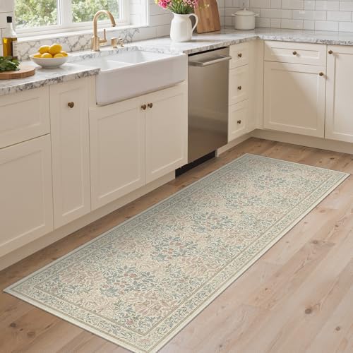 Bavni 2x10 Runner Rug Non Slip, Kitchen Rugs Non Slip Washable, Thin Bathroom Runner for Hallway Laundry Room Entryway, Ultra Soft Botanical Carpet, Modern Boho Floral Indoor Floor Decor, Beige Pink - color: Beige Pink, size: 2' x 10' (Rectangular)