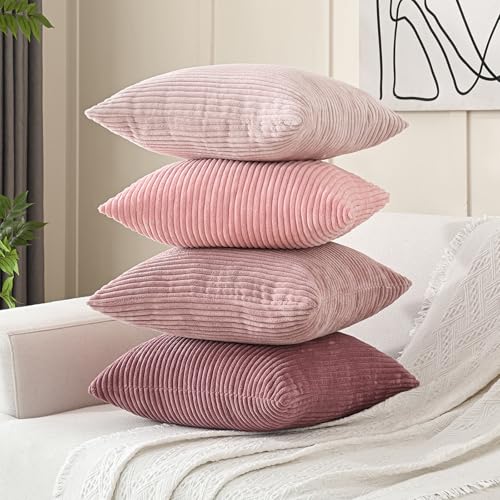 Volcanics Set of 4 Pink Corduroy Decorative Couch Throw Pillow Covers 18x18 Inch, Valentine's Day Farmhouse Striped Cushion Cases, Soft Boho Square Accent Pillow Covers for Home Sofa - color: Pink, size: 18" x 18" (Pack of 4)