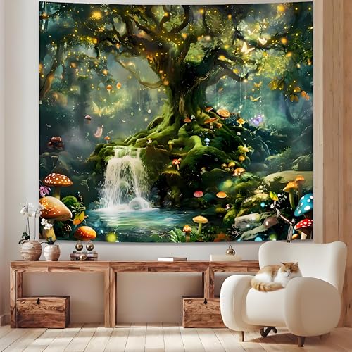 Tichgeim Forest Nature Tapestry Wall Hanging for Bedroom, Green Fantasy Tree of Life Backdrop Tapestries, Fairy Magic Mushroom Landscape Wall Mural Decor for Living Room Dorm 51in × 60in - color: Forest Tapestry, size: 60"L x 51"W