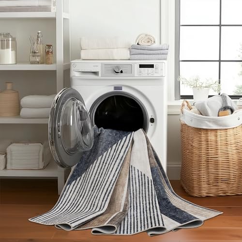ReaLife Rugs Machine Washable Area Rug Runner - Living Room Bedroom Bathroom Kitchen Entryway Office - Non-Slip Baking Low Pile Stain Resistant Premium - Modern Geometric - Theo - Beige 2'6" x 6' - color: Theo - Beige, size: 2'6" x 6' (Rectangular)