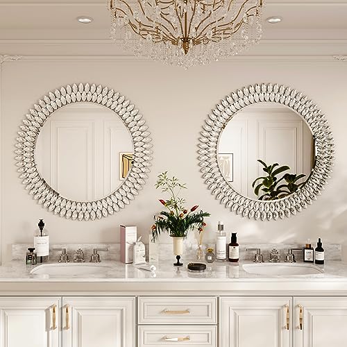 Kelly Miller Round Jeweled Mirror for Wall Decor, 32 in Modern Decorative Wall Mirror with Luxury Diamonds Beveled Vanity Mirror for Bedroom, Living Room, Bathroom, Hallway, Entryway, Fireplace - size: 32"L x 32"W