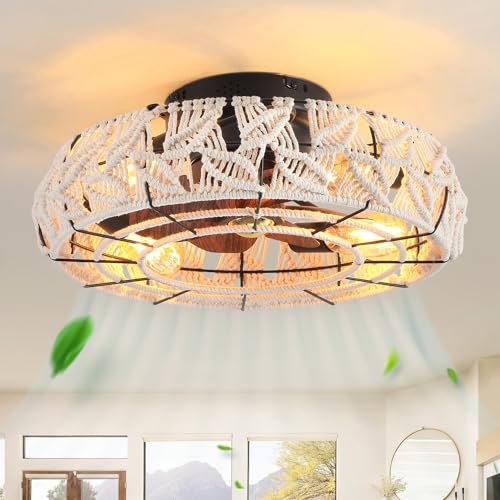Boho Caged Ceiling Fans with Lights and Remote 20" Flush Mount 6-Speed Reversible Enclosed Low Profile Handmade Cotton Rope Ceiling Fan with Light 4 Bulbs,for Bedroom, Living Room, Kitchen - color: Cream Leaves