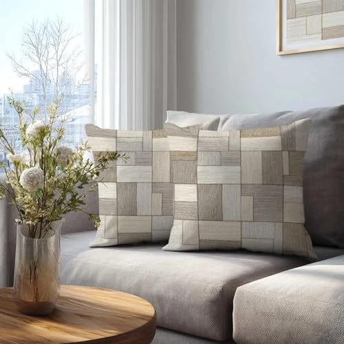Patchwork Throw Pillow Covers 18x18 Set of 2 | Beige Taupe Decorative Cushion Covers | Neutral Farmhouse Pillow Cases for Couch Sofa Bed Living Room - color: Patch Blocks