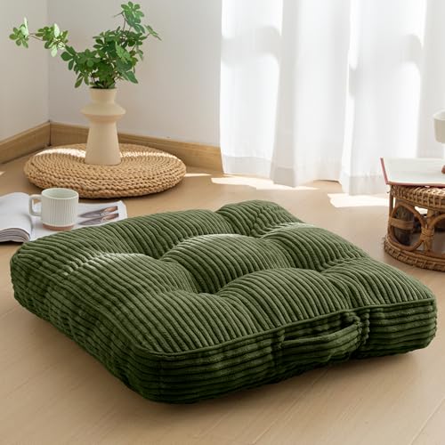 HIGOGOGO Floor Pillow Cushion for Adults, Meditation Cushion Pillow, Large Square Floor Sitting, Tufted Corduroy Cover, for Tatami Living Room or Yoga, Dark Green - color: Dark Green, size: 4" Thick(Pack of 1)