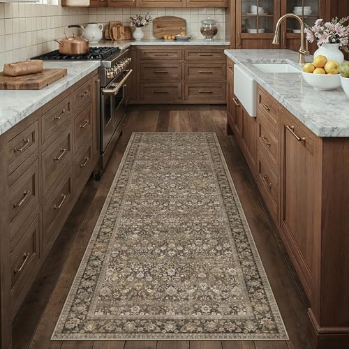 HUGEAR 3x8 Runner Rug Machine Washable Brown Hallway Area Rug Indoor Accent Rugs Floral Low Pile Carpet Soft Throw Rugs Bedroom Living Room Office Dining Kitchen Laundry Non Slip - color: Floral | Brown, size: 3' x 8' (Runner)
