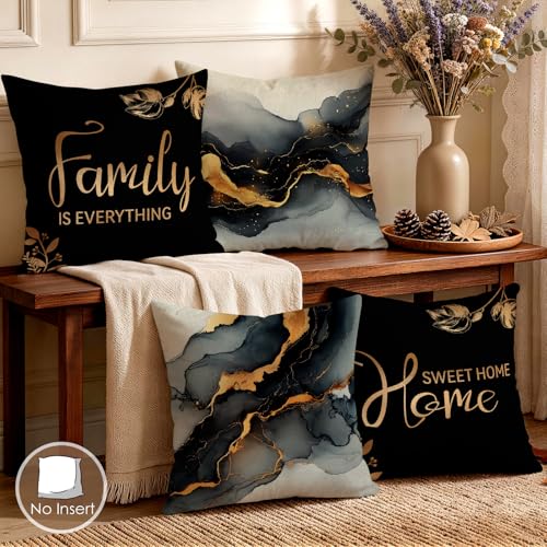 OBSEDE Black Gold Marble Sweet Home Decorative Throw Pillow Covers 18 × 18 in, Set of 4, Couch Cushion Cases Inserts for Sofa Bed Living Room Home Decor, Single-Sided Print - color: Black Gold Marble Sweet Home, size: 18" x 18" (Pack of 4)