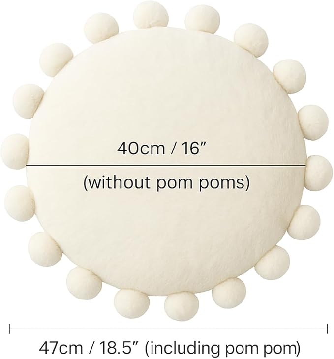 Round Pom Pom Floor Cushion–Soft Faux Rabbit Fur Floor Pillow for Adults & Kids,16" Plush Decorative Cushion Boho Throw Pillows for Living Room,Bedroom, or Bay Window–Ivory