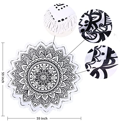 Large Microfiber Boho Mandala Beach Towel Round Bohemian Beach Blanket Hippie Indian Throw Blanket Beach Tapestry Sand Free Quick Dry Picnic Meditation Mat Wall Decor Circle Tablecloth,59'',Black - color: Black Mandala