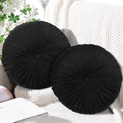 Namalu 2 Pcs Round Throw Pillow 13.8 Inch Decorative Round Velvet Floor Pillows Pumpkin Throw Pillows with Center Button for Thanksgiving Home Decor Living Room Sofa Couch Bed Chair (Black) - color: Black