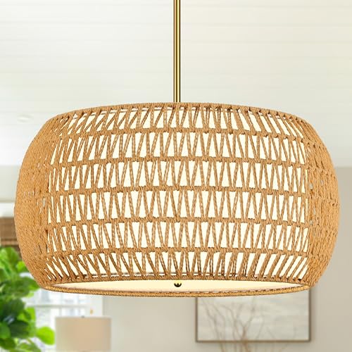 23 inch Natural 5 Light Rattan Chandelier Rattan Farmhouse Light Fixture Woven Pendant Lights Fabric Shade Boho Chandelier for Kitchen Dinning Room - color: 23"-Natural-Drum