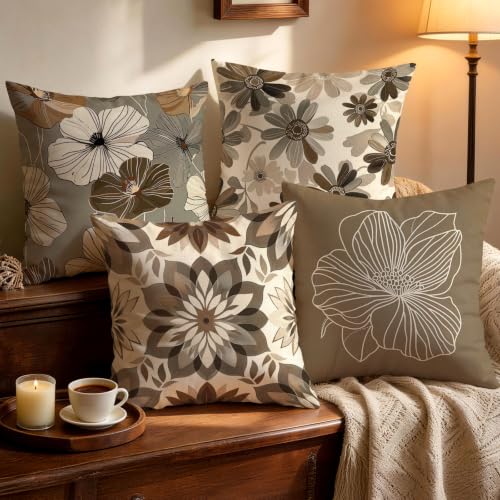 OBSEDE Neutral Boho Floral Throw Pillow Covers 18x18 Set of 4, Farmhouse Decor for Home Couch Sofa Living Room, Rustic Floral Decorative Cushion Cases - color: Neutral Boho Floral