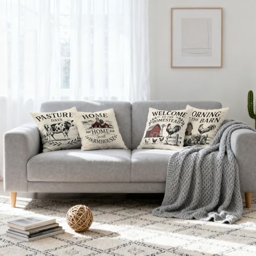 Farm Vintage Throw Pillow Covers 18x18 Set of 4, Country Barn Rustic Rooster Cow Decorative Cushion Cases for Couch Sofa and Bedroom Pillcases Home Decor for Living Room - color: Farm Vintage