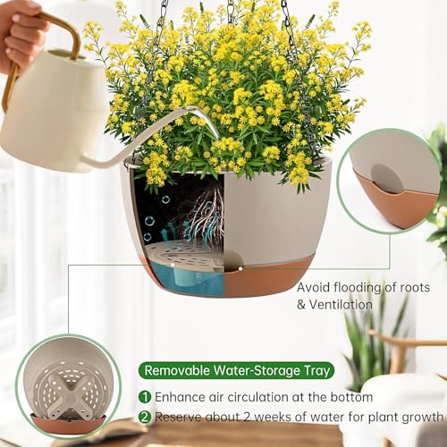 Set of 2 Hanging Planters for Indoor Outdoor Plants, 10 Inch Self-Watering Hanging Flower Pots with Drainage Hole & Removable Water-Storage Tray (Hooks) - color: Beige, size: 10 Inch (M)