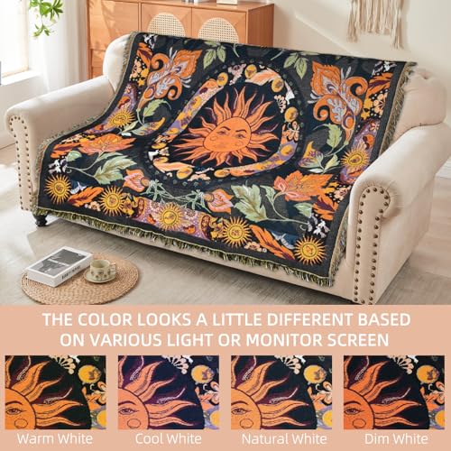 Boho Throw Blanket Reversible Cotton Bohemian Tapestry Hippie Room Decor Outdoor Blanket Double Sided (Boho Sun Black 50"x60") - color: Boho Sun 5, size: 50*60 inch