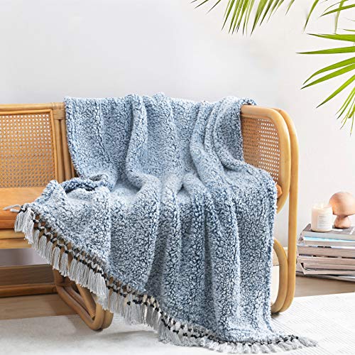 Ultra Soft Cozy Sherpa Throw Blanket, Light Weight Warm Decorative Throw Blanket with Tassel, 2 Tones Ombre Navy Blue Pattern Reversible Boho Style Blanket for Sofa, Couch, Bedroom,Travel, 50”x60” - color: Blue With Tassel, size: Throw-50'' x 60''