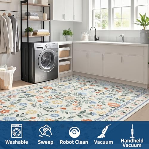 GarveeHome Washable Rug 6 x 9, Low Pile Farmhouse Floral Rug, Non-Shedding Indoor Foldable Printed Carpet Non-Slip Soft Vintage Throw for Bedroom Dining Room Kitchen, Green - color: Green, size: 6' x 9' (Rectangular)