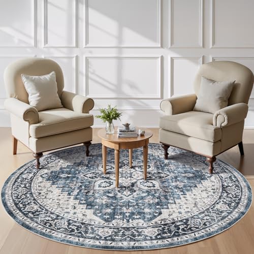 AMADA HOMEFURNISHING Round 6ft Area Rugs, Low-Profile Washable Rug with Non-Slip Backing & Durable Edge Binding, Vintage Rugs for Living Room, Bedroom, Dinning Room - color: Blue, size: 6' (Round)