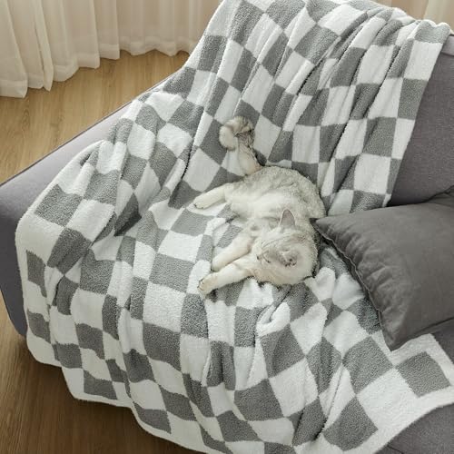 Checkered Throw Blanket, Light Grey Soft Cozy Fluffy Knitted Throw Blankets for Couch, Sofa, Bed, Chair, Warm Fuzzy Travel Picnic Lightweight Plaid Blanket, 60x80 inches - color: Light Grey, size: 60×80 Inch