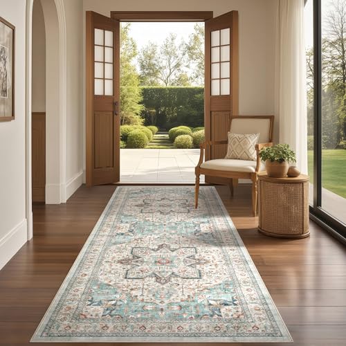 Tortania Area Rug 2x6 Runner Rugs - Washable Vintage Oriental Farmhouse Thin Indoor Carpet for Living Room Bedroom Hallway Entryway Kitchen Under Dining Table Home Office - Aqua Multi - color: Aqua Multi, size: 2' x 6' (Runner)