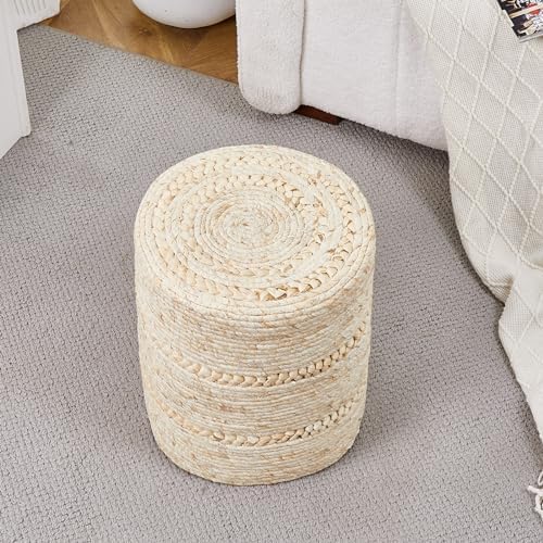 Wimarsbon 2Pcs Pouf Ottomans, Natural Seagrass Foot Stool, Hand Weaving Round Ottoman, Boho Decorative Seat, Jute Braided Pouffe Poof Accent Sitting Footrest for Living Room (Corn Husk)