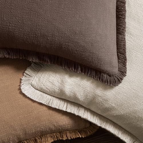 MIULEE Decorative Throw Pillow Covers Neutral Linen Fringe Throw Pillows Set of 2 Reddish Brown Boho Farmhouse Cushion Covers for Couch Sofa Bed Living Room Spring Home Decor 16x16 Inch - color: Reddish Brown, size: 16" x 16" (Pack of 2)