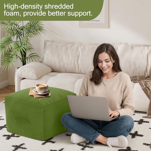 MeMoreCool Square Stuffed Pouf Ottoman Foot Rest, Floor Pouf Foot Stool with Foam Chunk Filling, Soft Stuffed Ottoman Footrest for Living Room, Green - color: Grid Green