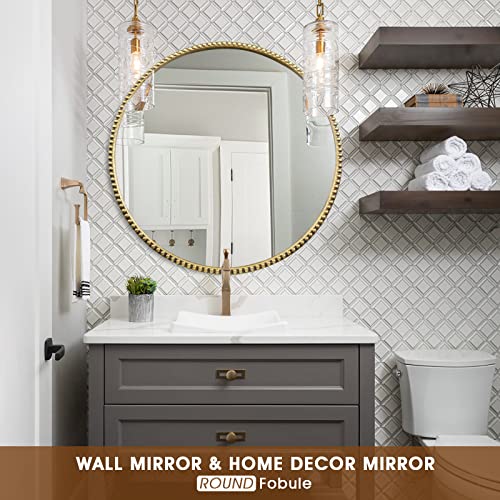 Round Bathroom Wall Mirror, 28"x28" Antique Gold Metal Beaded Frame Vanity Mirror, Wall Mounted Large Circle Makeup Mirror for Bedroom, Living Room, Entryway - color: Gold Round, size: 28"L x 28"W