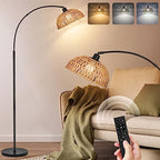 Rattan Floor Lamp- Modern Black Standing Floor Lamps with Remote Control and Stepless Dimmable Bulb, Hand-Worked Adjustable Rattan Lamp Shades Bohemian Floor Lamps for Living Room, Bedroom, Office - style: Black Rattan Arc Floor Lamp