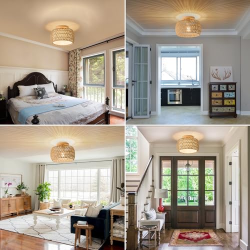 Boho Rattan Flush Mount Ceiling Lights 12 Inch Farmhouse Ceiling Light Fixtures Rustic Wicker Hand Woven Rope Cage for Dining Room Kitchen Bedroom Foyer Hallway Entryway - size: 12 Inch 1 Pack