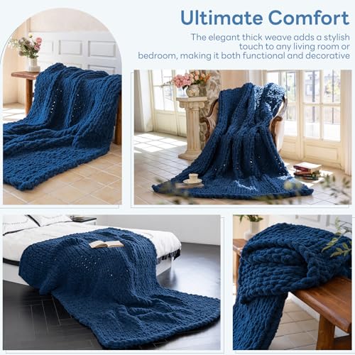 Chunky Knit Blanket - Luxury Soft Cozy 60 * 80 Throw Blanket,100% Woven Blanket Rope Knot Throw Blanket for Couch, Sofa, Home Decor, Gift - Machine Washable (Deep Blue, 60 * 80) - color: Deep Blue, size: 60*80
