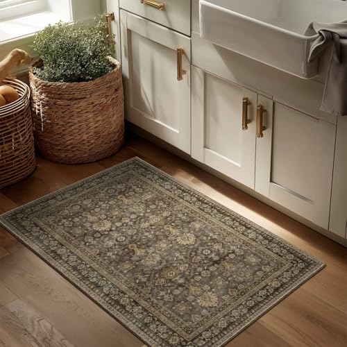 Washable 2x3 Entryway Rug, Boho Non-Slip Door Mat Vintage Distress Small Rugs for Kitchen Nursery Office Bedroom, 0.3" Neutral Oriental Throw Carpet with Cushioning Pad, Red/Brown/Multi, C4 - color: Deep Brown/Multi, size: 2' x 3' (Rectangular)