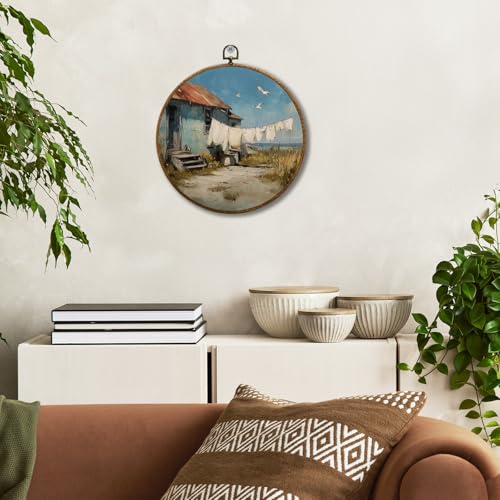 JUIOEIU Vintage Farmhouse Laundry Day Round Wall Decor, Rustic Country Framed Canvas Prints, Coastal Seaside Landscape Wall Art Hanging Decorations for Washroom Bathroom Laundry Room Decor, 10x10in - color: Laundry room09