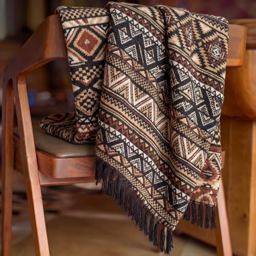CASAAGUSTO Boho Throw Blanket with Tassel, Farmhouse Western Flannel Bohemian Blanket, Vintage Native Mexican Decorative Throw, Ideal for Gifting (60x80 Inches, Brown Black) - color: Brown Black, size: 60X80