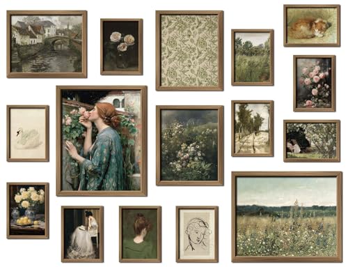 ANERZA 16 PCS Framed Vintage Wall Art Decor, French Country Wall Prints for Bedroom, Landscape Gallery Wall Frame Set, Farmhouse Posters for Living Room Aesthetic, Rustic Collage Kit, Dorm Home Decor - color: DarkSeaGreen, size: 12"x15" Framed