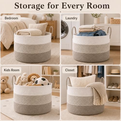 JMvicyroam 115L Extra Large Blanket Basket for Living Room - Woven Cotton Rope Laundry Hamper with Reinforced Handles - Storage Bin for Pillows, Comforters & Toys - Machine Washable,White&Brown Mix - color: White&Brown Mix, size: 115L