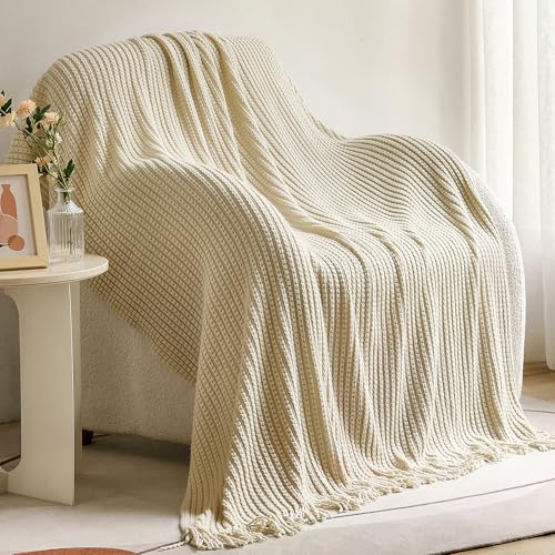 Blagic Knitted Throw Blanket for Couch,Soft Farmhouse Boho Fall Throw Blanket with Tassels,Home Decorative Lightweight, Beige Throws for Bed/Chair/Sofa, 50" W x 60" L - color: D-beige, size: 50 × 60 in