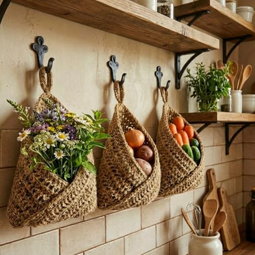 Honeydak Boho Decor Hanging Wall Baskets for Kitchen 3 Pack Teardrop Baskets with Hooks Storage Fruit Onion Vegetable Potato for Home 3 Sizes(Linen,Triangle,Jute) - color: Linen, size: Jute, style: Triangle
