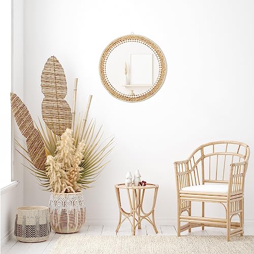18 Inch Boho Round Hanging Wall Mirror Decorative Rattan Circle Mirrors for Farmhouse, Living Room, Bedroom - color: 18 Inch Wood