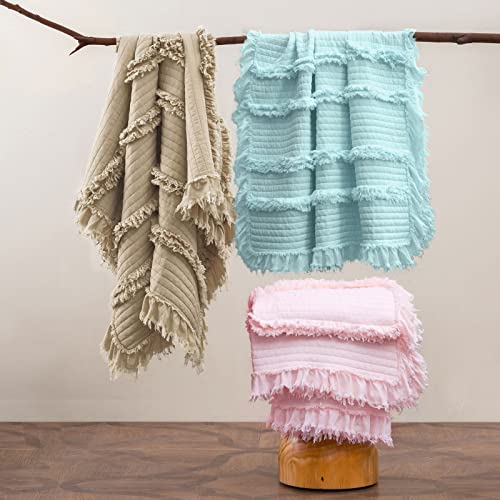 Ultra Soft Pre-Washed Quilted Throw Blanket, Ruffle Fringed Pink Boho Decorative Throw, Stone Washed Chic Rustic Blanket for Sofa Couch Bed Chair, 50"x 60" - color: Baby Pink, size: 50"x60"
