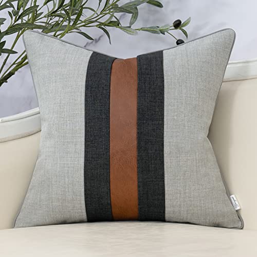Yangest Patchwork Pillow Cover 18x18 Inch Luxury Cotton and Linen Cushion Cover Faux Leather Pillowcover for Couch Bedroom Living Room, Gray - color: L-grey, size: 18" x 18" (Pack of 1)