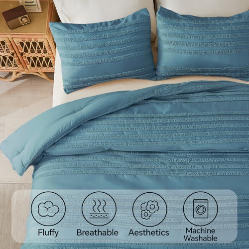 BEDELITE Boho Comforter Set Queen Size, Dusty Blue Tufted Striped Bed Set 3 Pieces, Soft Vintage Farmhouse Comforter for All Seasons, Boho Home Decor,Fluffy Jacquard Bedding with 2 Pillow Shams - color: Dusty Blue, size: Queen