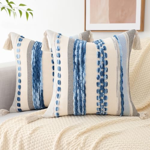 decorUhome Boho Decorative Throw Pillow Covers 18x18 Set of 2, Striped Chenille Tufted Pillow Covers with Tassels for Couch Bed Sofa, Sky Blue - color: Sky Blue