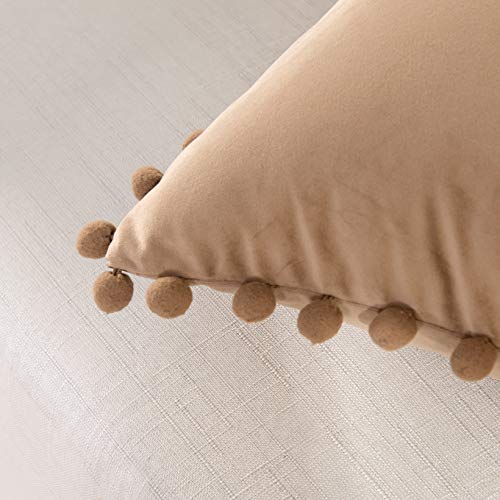Elegant Comfort POM-POMS Fringe Velvet Cushion Covers Set of 2, Velvet Soft Solid Decorative Square Throw Pillow Covers Set Cushion Case for Couch Bed, Livingroom 18 x 18 Inch (45 x 45 cm), Taupe - color: Taupe, size: 18" x 18" (Pack of 2)