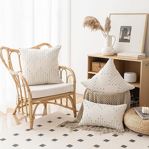LILEPOY Boho Throw Pillow Covers 20x20 Set of 2 Neutral Decorative Textured Cushion Case Farmhouse Pillowcase Modern Square Pillow Covers for Sofa,Couch, Living Room,Beige and Green - color: Beige and Green, size: 20" x 20" (Pack of 2)