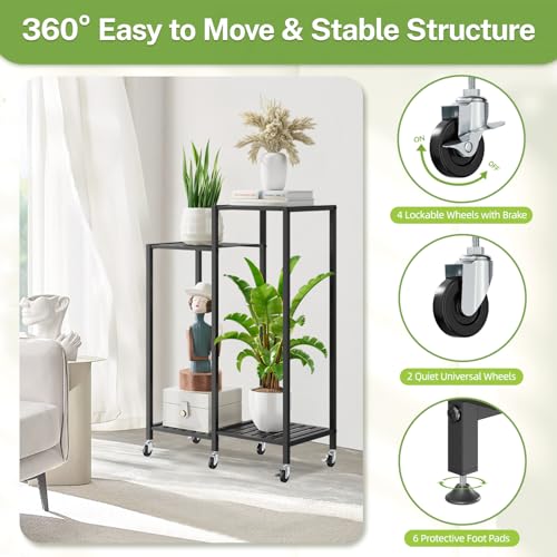 iDavosic.ly 4 Tier Plant Stand Indoor with Wheels, Metal Tiered Corner Flower Holder Shelf Outdoor for Large Pots, Tall Rolling Rack for Patio Porch Garden Balcony Living Room, Modern Black - color: Black, size: 4 Tiers