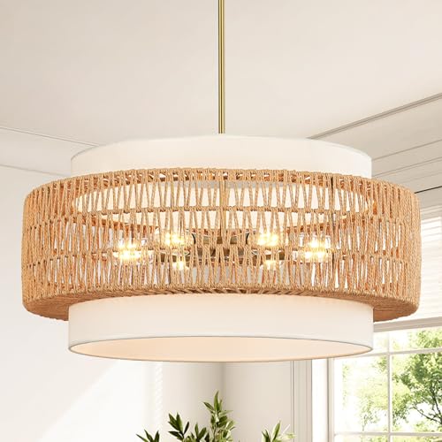 6-Light Boho Rattan Chandelier, 25.6" Large Rattan Pendant Light with Fabric Shade, Farmhouse Hand Woven Chandelier Hanging Ceiling Light for Dining Room, Living Room, Kitchen Island, Foyer, Hallway - size: 25.6" V-shaped weaving