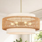 6-Light Boho Rattan Chandelier, 25.6" Large Rattan Pendant Light with Fabric Shade, Farmhouse Hand Woven Chandelier Hanging Ceiling Light for Dining Room, Living Room, Kitchen Island, Foyer, Hallway - size: 25.6" V-shaped weaving