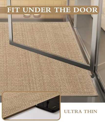 YIHOUSE Bathroom Rugs Sets 3 Pieces, Beige Ultra Thin Bath Mats Fit Under Door, Absorbent Quickly Dry Rubber Backing Braided Bath Mat Set, Non Slip Washable Bath Rugs for Bathroom Floor, Beige - color: Beige, size: 3pieces